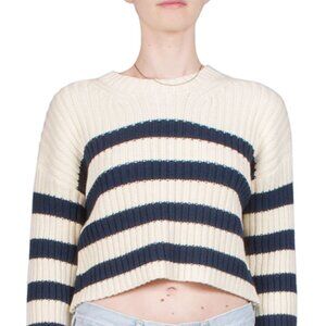 NWOT Denimist Striped ribbed Cropped Sweater Size Small Ecru/Navy